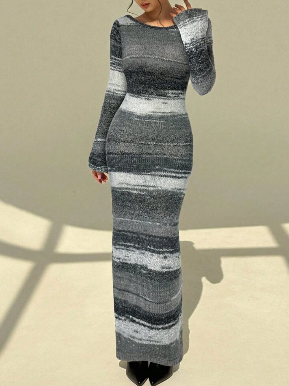 Grey Sexy Women's Striped Knit Bodycon Open Back Long Sleeve Dress